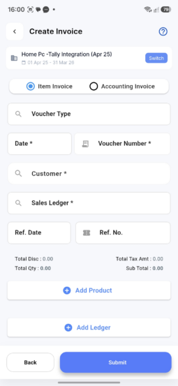 Create Tally sales invoice from mobile using Bizmitra