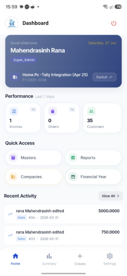 Tally on Mobile dashboard showing invoices, reports and real-time sync